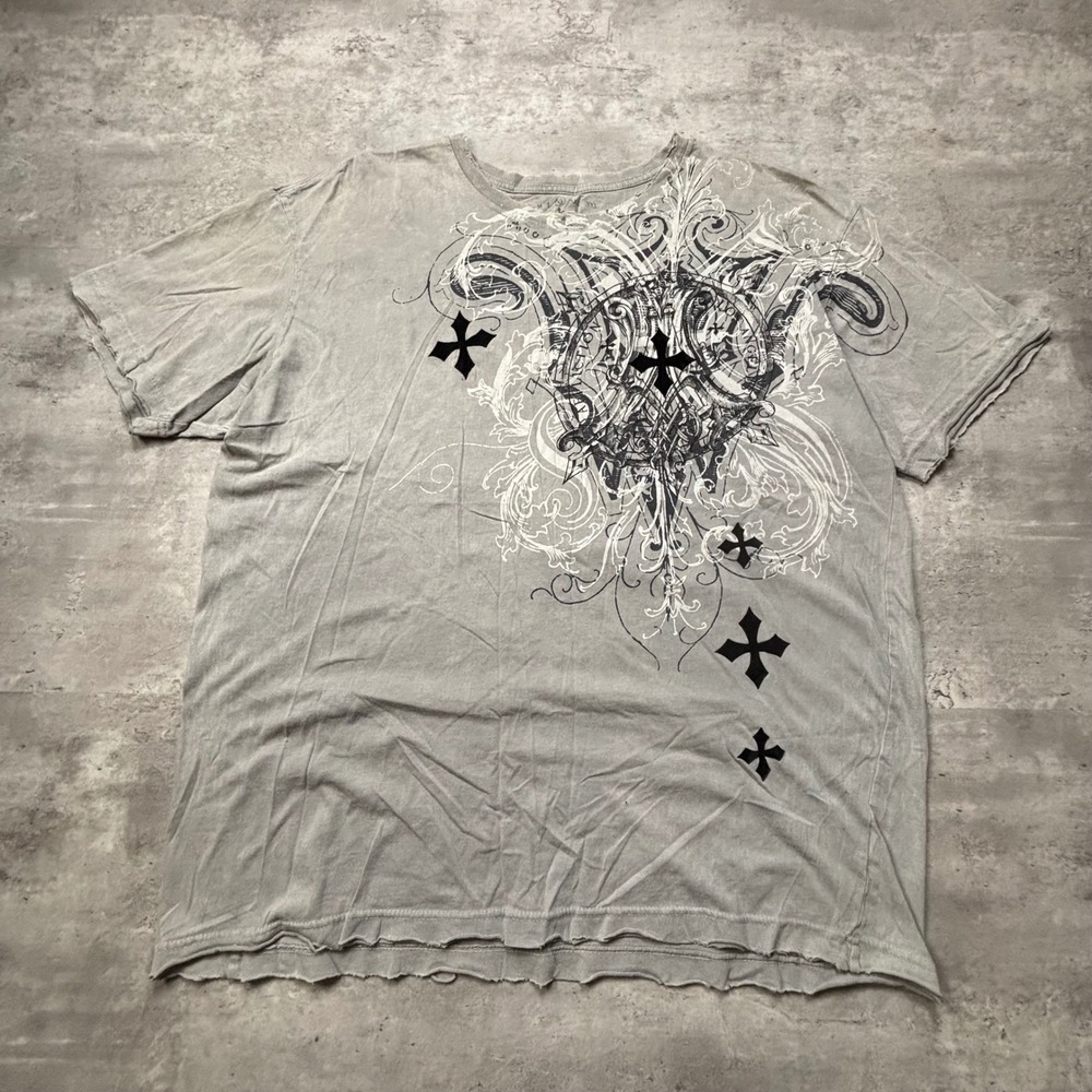 Affliction T Shirt XL Gray Gothic Wings Cross Graphic Distressed Tee